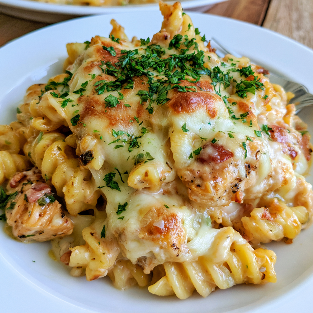 Close-up of creamy Garlic Parmesan Chicken Pasta Bake with chicken, spinach, pasta, and melted cheese