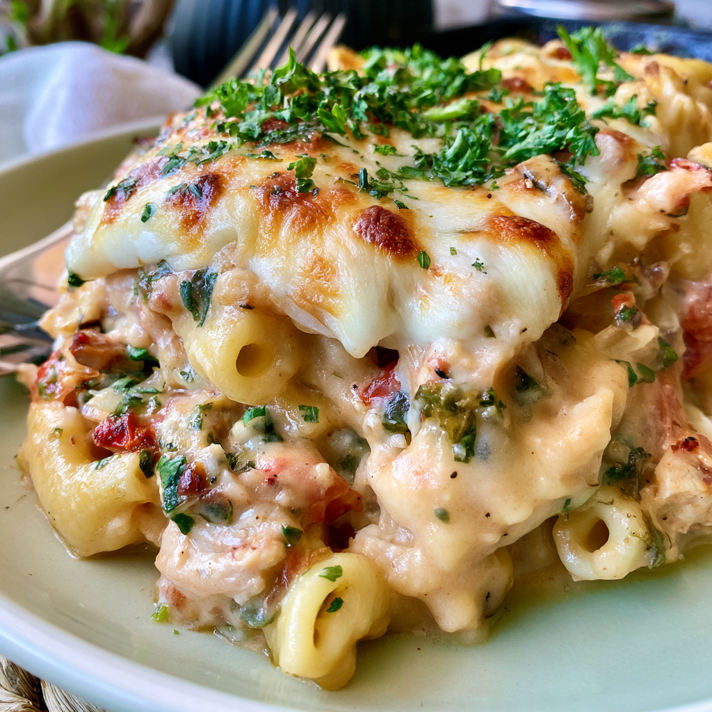 A serving of Garlic Parmesan Chicken Pasta Bake topped with melted cheese and fresh herbs