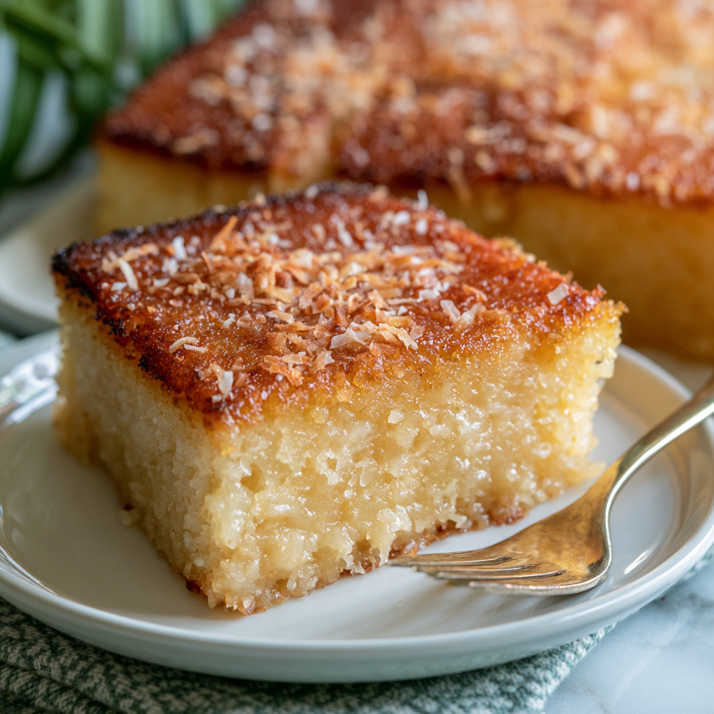 A slice of Brazilian cassava cake served on a plate with coffee.