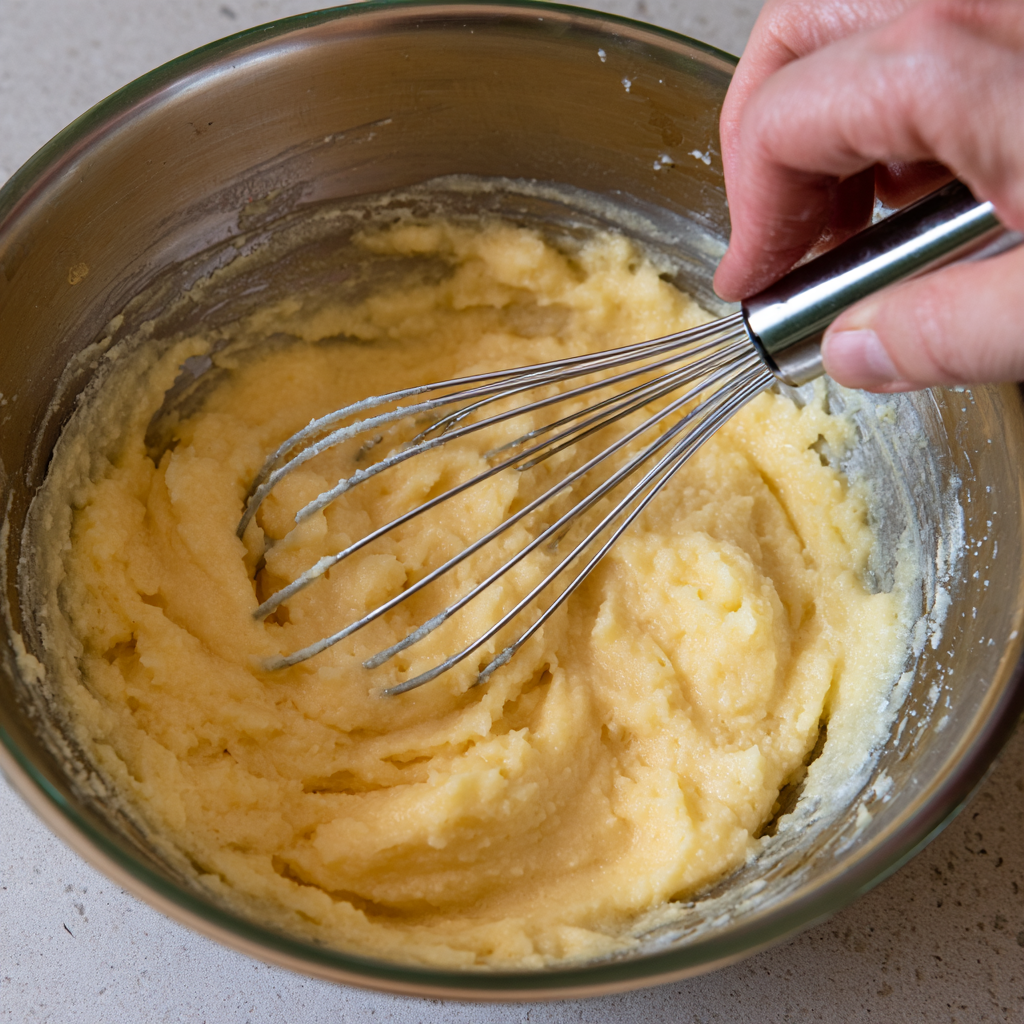 Brazilian cassava cake batter being mixed in a bowl before baking.