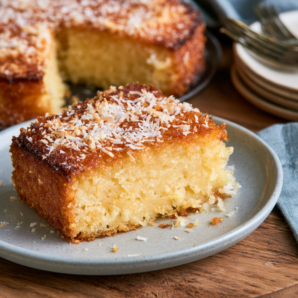 Homemade Brazilian cassava cake with coconut, sliced and ready to serve.