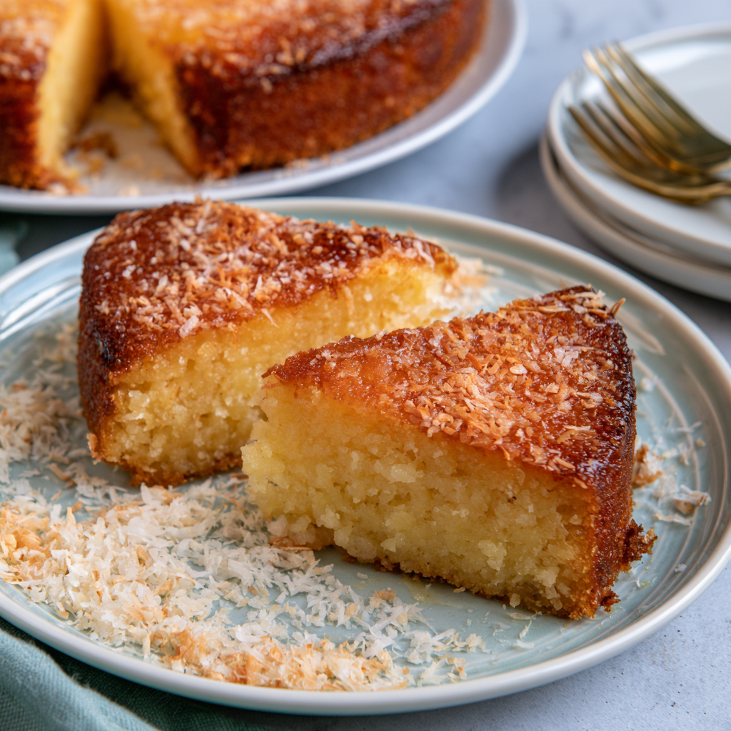 Close-up of moist Brazilian cassava cake showing its tender texture and golden top.