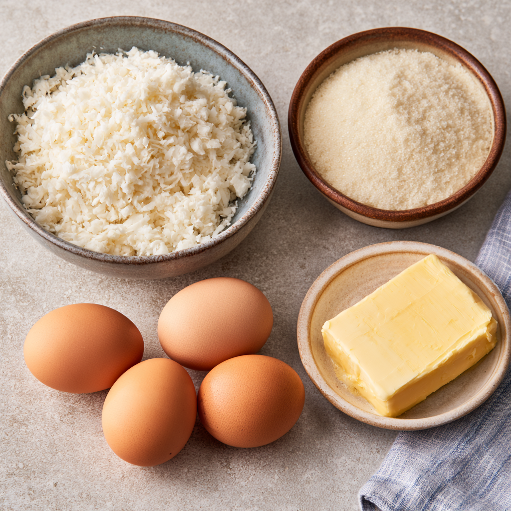 Ingredients for Brazilian cassava cake, including grated cassava, coconut, eggs, sugar, and butter arranged on a kitchen counter.