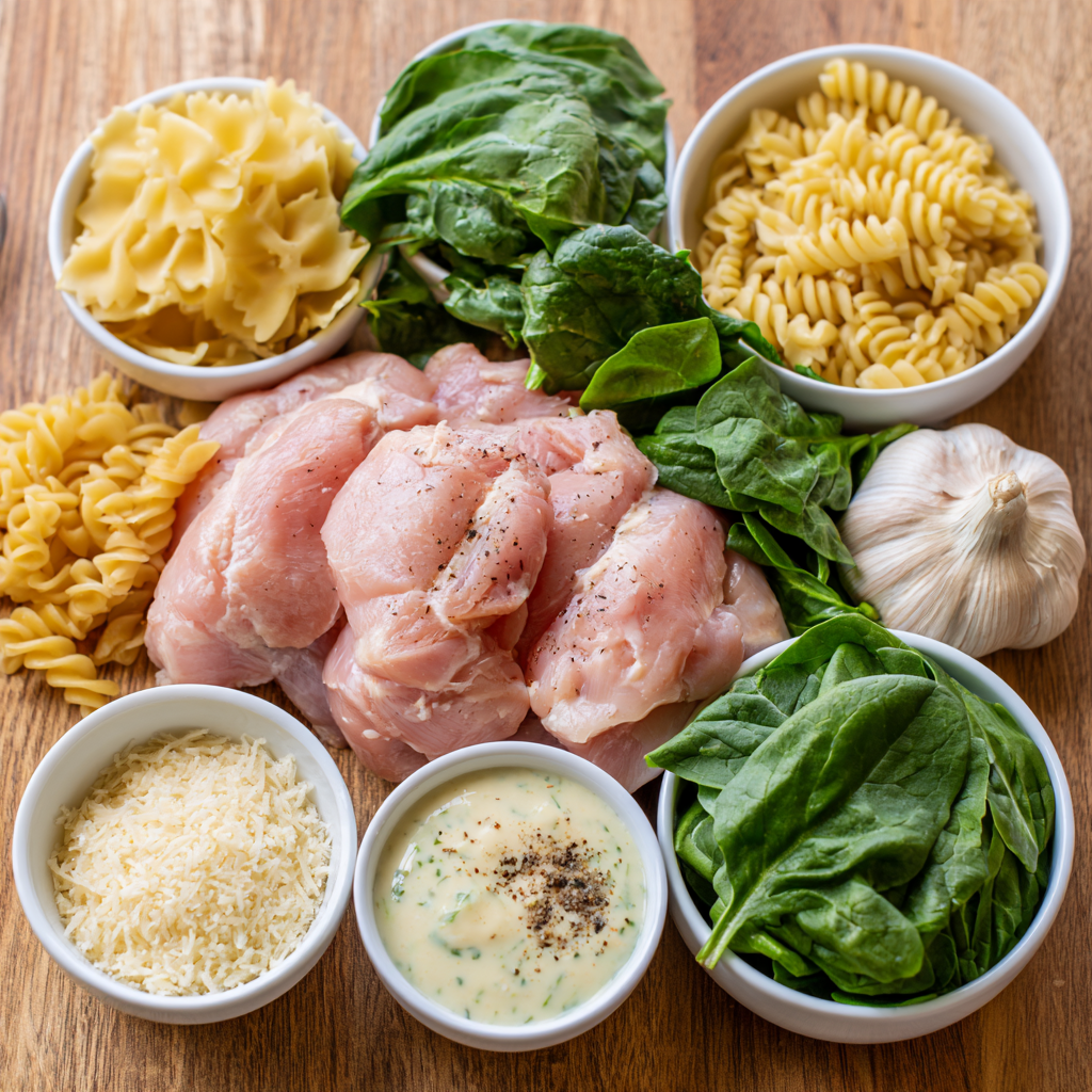 Ingredients for Garlic Parmesan Chicken Pasta Bake, including chicken, pasta, spinach, Parmesan, and creamy sauce ingredients