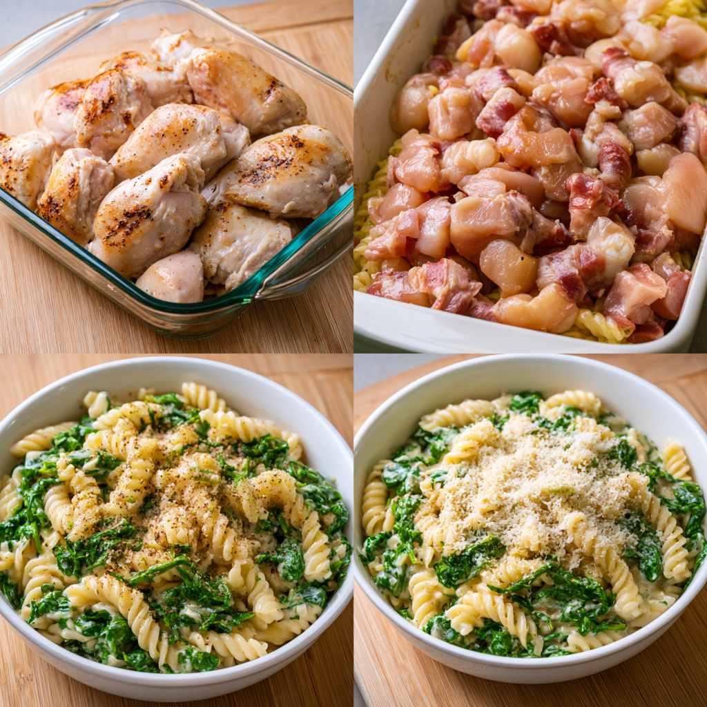 Step-by-step preparation of Garlic Parmesan Chicken Pasta Bake with chicken, pasta, spinach, and Parmesan sauce