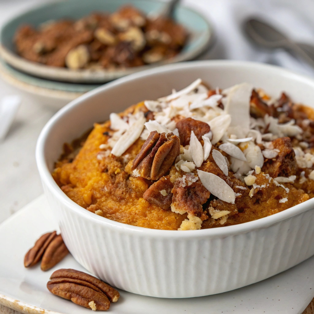 "A bowl of vegan and dairy-free sweet potato casserole topped with toasted coconut flakes and chopped pecans, ready to serve."