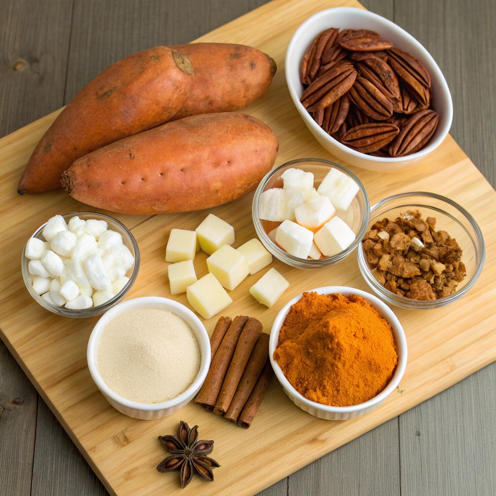 "A collection of ingredients for sweet potato casserole, including fresh sweet potatoes, brown sugar, butter, pecans, marshmallows, cinnamon, and vanilla extract."