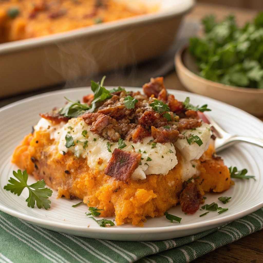 "A serving of savory sweet potato casserole topped with melted cheese, crumbled bacon, and fresh herbs, presented on a plate."