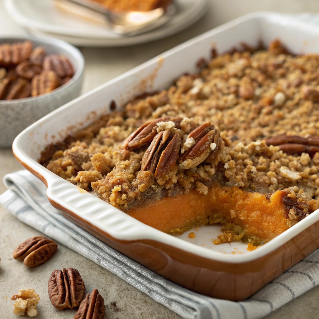 "A freshly baked pecan-streusel sweet potato casserole topped with golden-brown streusel and chopped pecans, served in a baking dish."