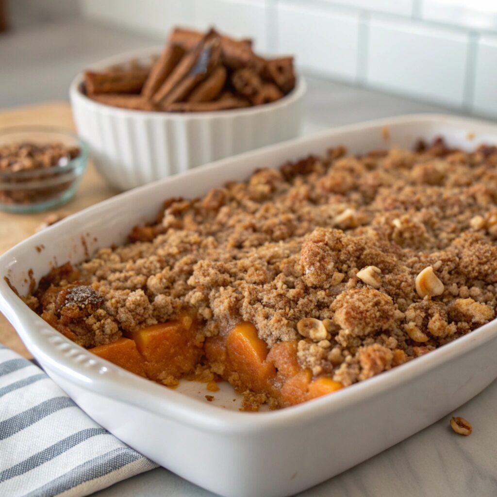 A close-up of a freshly baked sweet potato casserole topped with a crumbly streusel, with whole spices and crushed cookies in the background.
