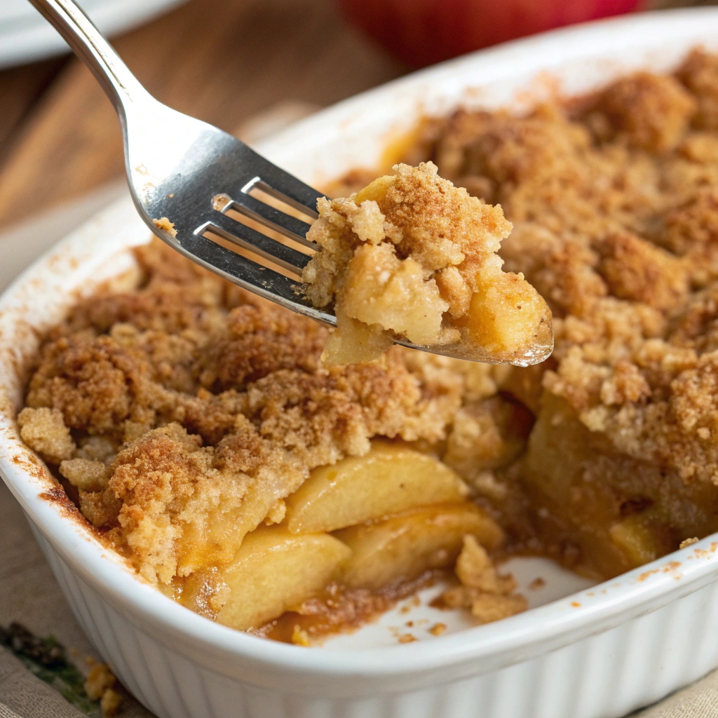 Close-up of a fork digging into a golden, crispy apple crisp.