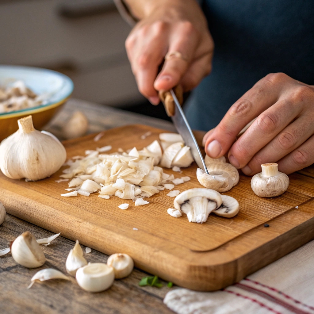 chopping garlic and mushrooms on a cutting board.