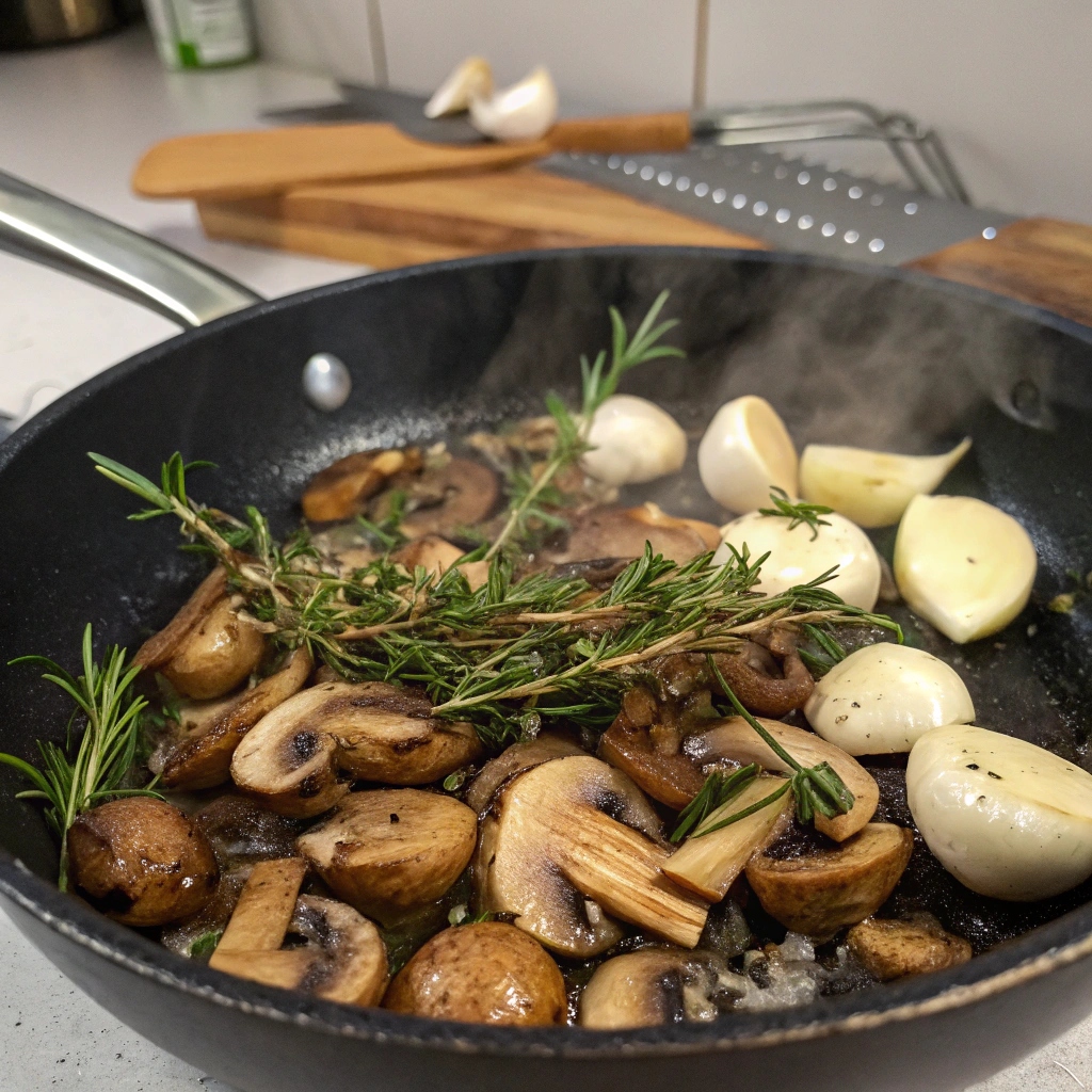  Mushrooms and garlic cooking in a skillet with herbs.