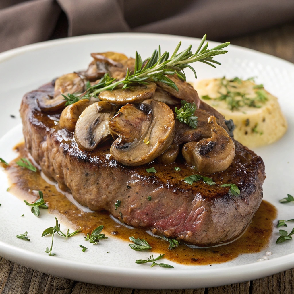 Plate with a cooked steak topped with mushroom sauce and garnished with herbs.