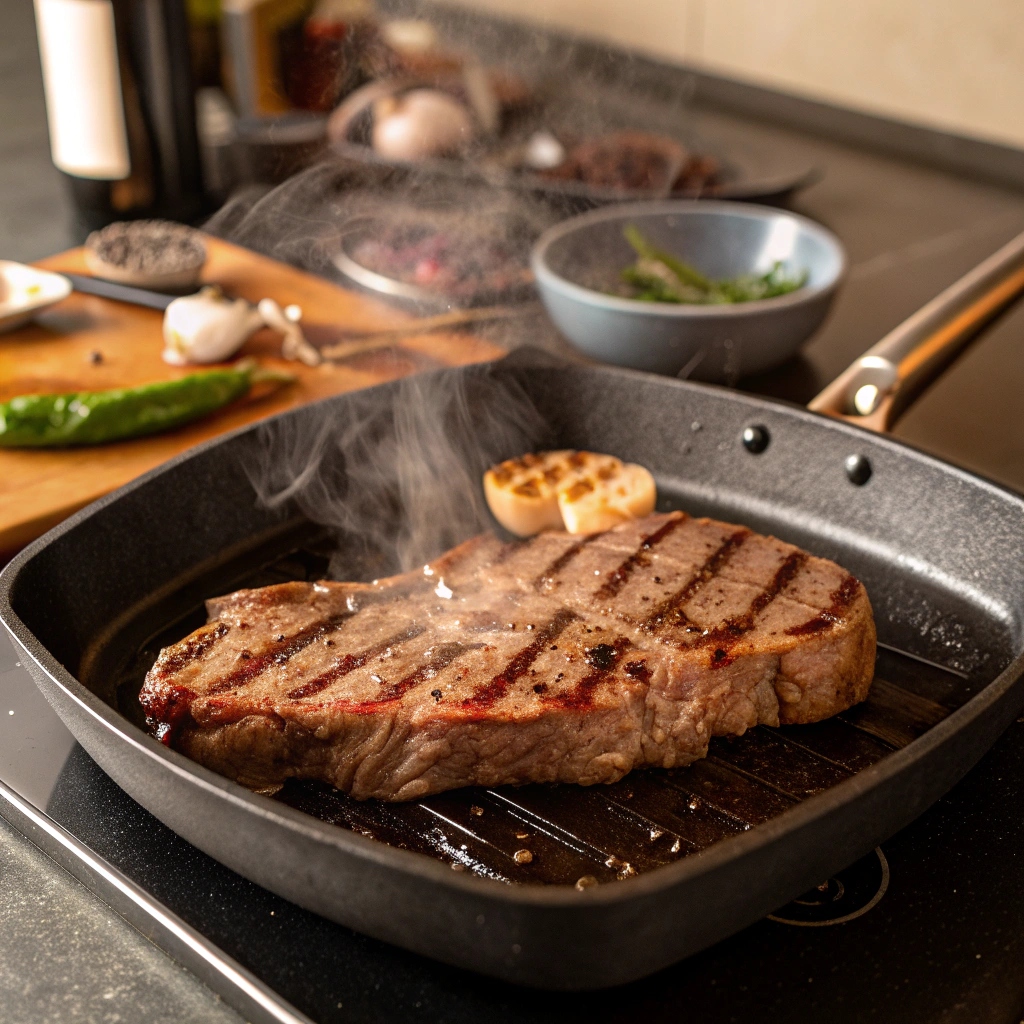 Steak sizzling on a hot grill pan.