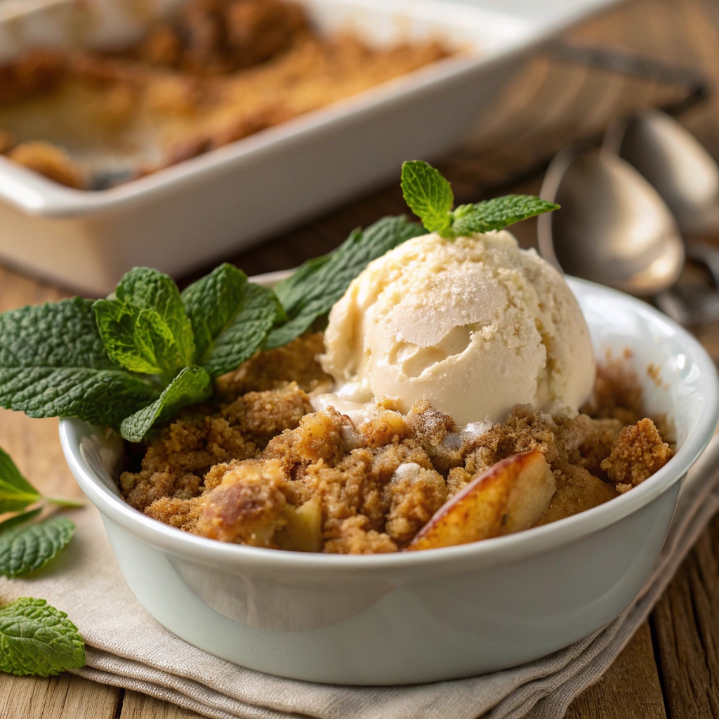 Warm serving of apple crisp garnished with fresh mint and a scoop of vanilla ice cream.