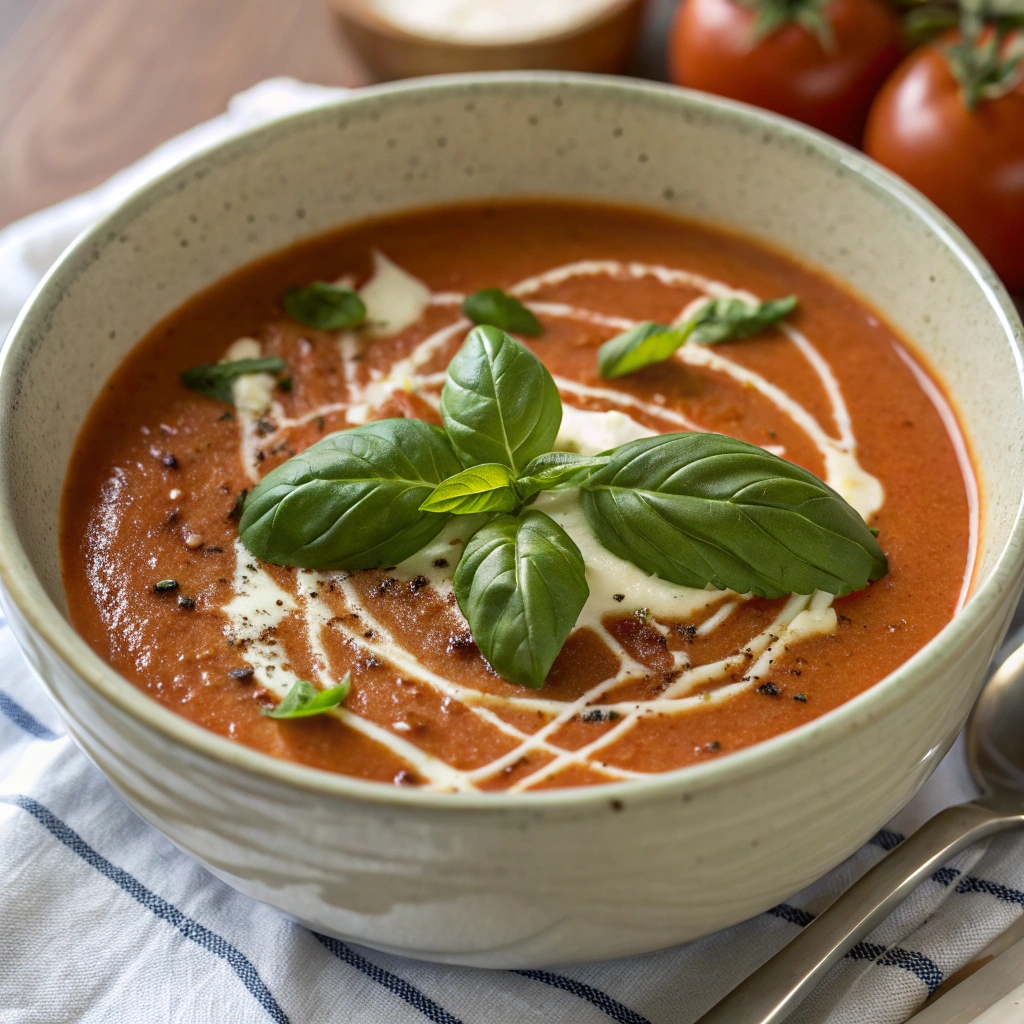 Bowl of creamy tomato soup recipe garnished with fresh basil and a drizzle of cream.