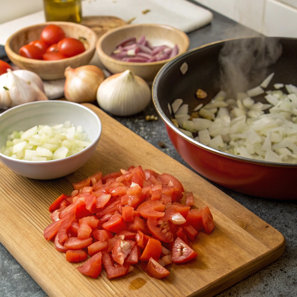 Chopped tomatoes, onions, and garlic in a chopping board and bowls.Sautéed onions and garlic cooking in a saucepan, emitting fragrant steam.