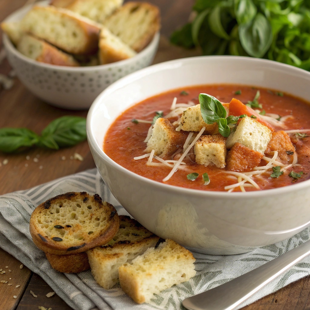 Toasted croutons, shredded cheese, and fresh herbs served alongside the tomato soup.