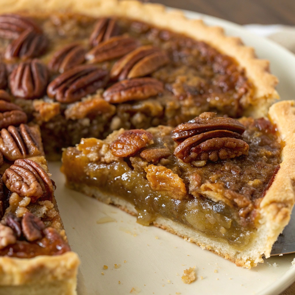 Close-up of sliced pecan pie showing the gooey filling and crunchy pecans.