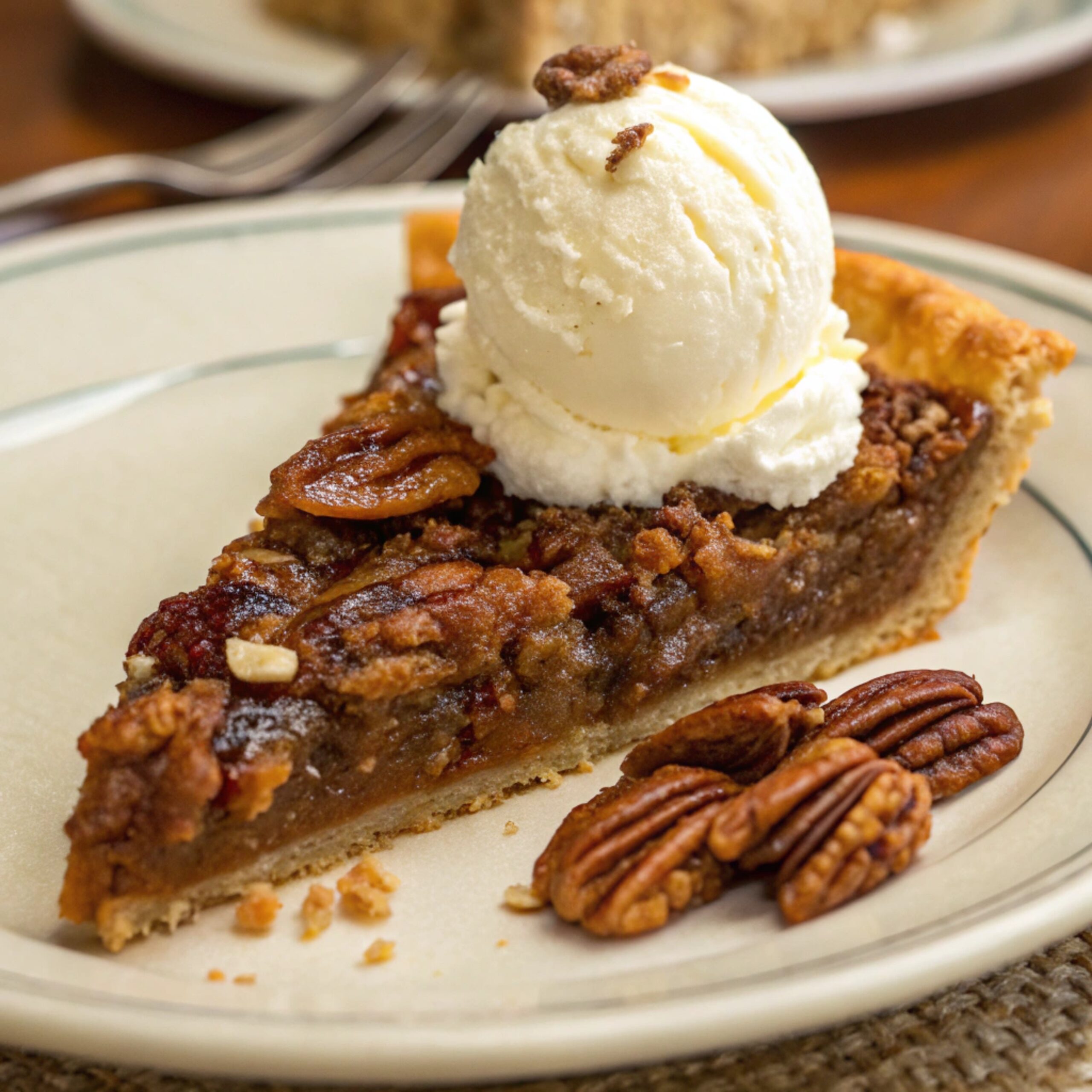 A slice of warm pecan pie served with a scoop of vanilla ice cream, highlighting the gooey filling and golden crust.