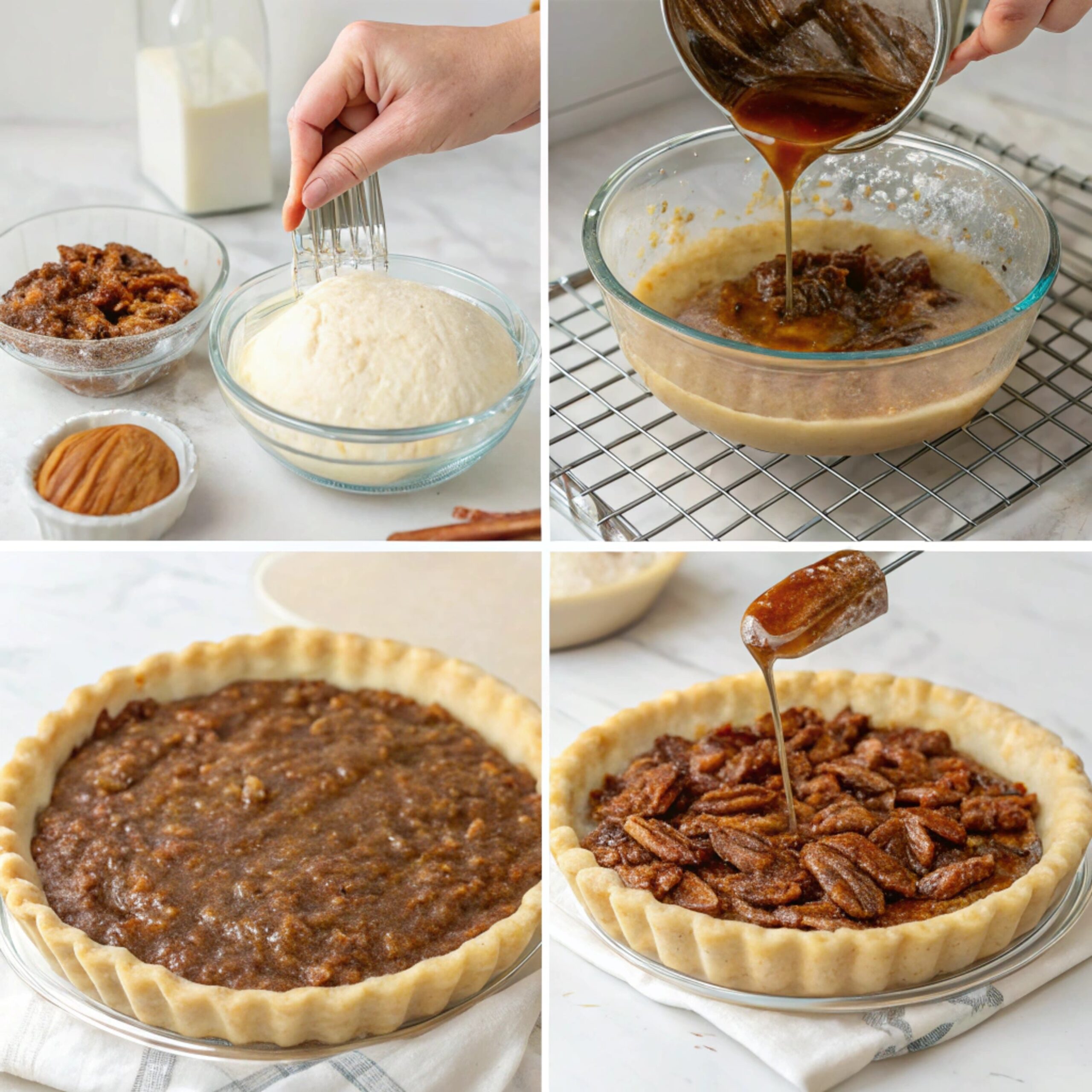 Step-by-step instructions for making classic pecan pie, showing dough preparation, pecan filling, and pie assembly.