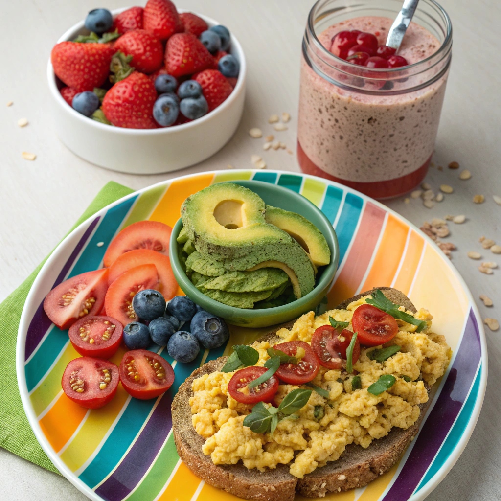 A colorful plate featuring assorted egg-free breakfast options including avocado toast, tofu scramble, smoothie bowls, and overnight oats.