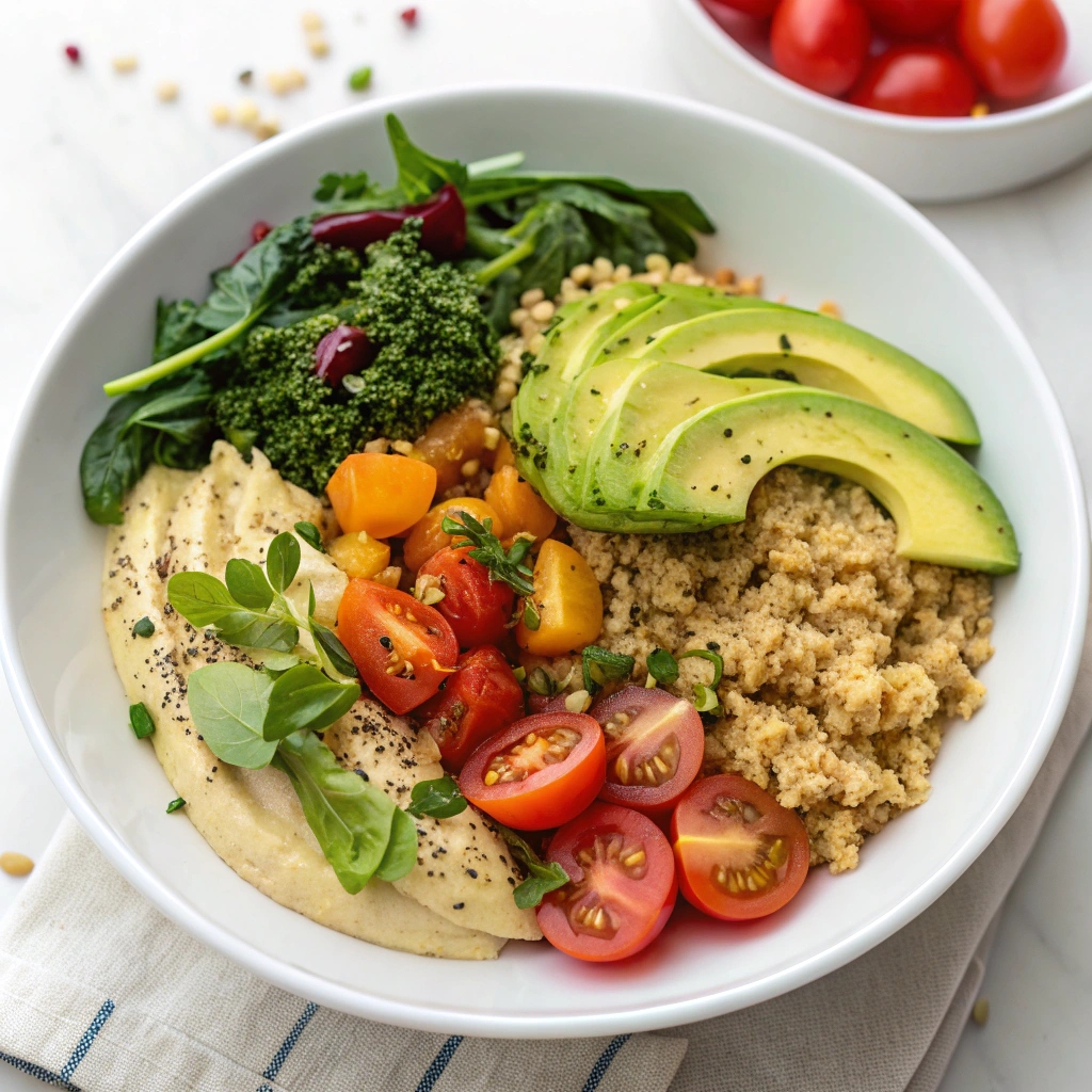 A colorful savory breakfast quinoa bowl topped with sautéed greens, avocado slices, cherry tomatoes, hummus, and fresh herbs on a white plate.