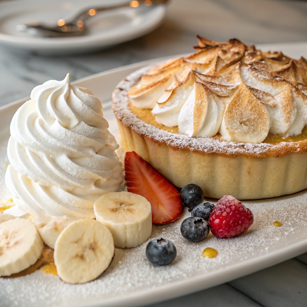A serving dish with a golden-browned meringue topping, garnished with banana slices and maybe some whipped cream or berries on the side.