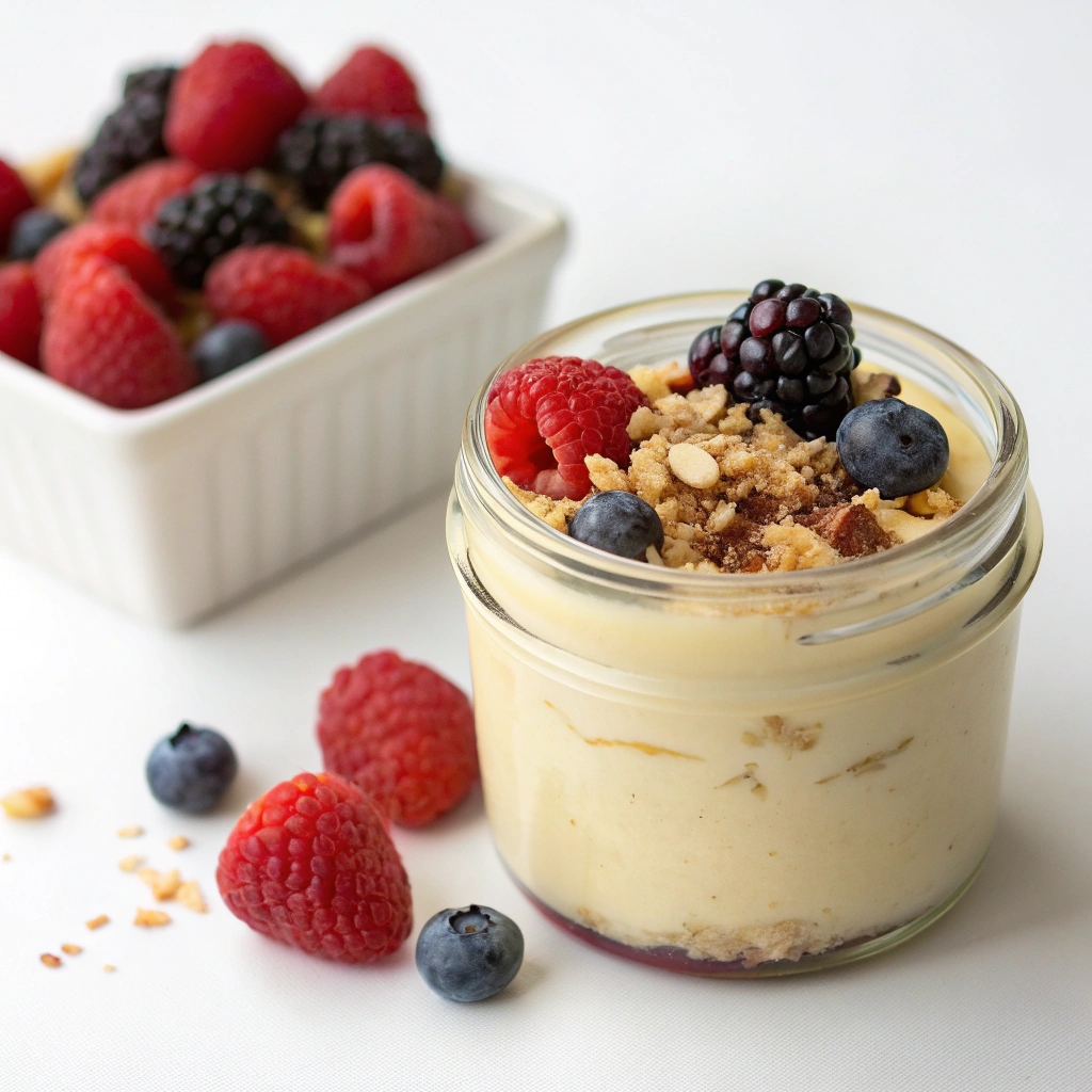 A small jar or bowl with smooth banana pudding, topped with fresh berries and a sprinkle of chopped nuts or seeds