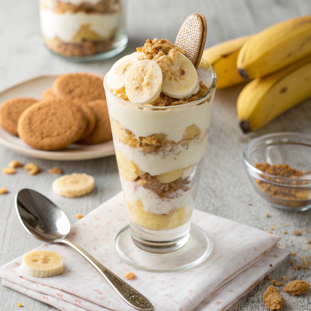  A tall glass or bowl filled with layered banana pudding, topped with banana slices and Cookies or granola, with a spoon resting beside.