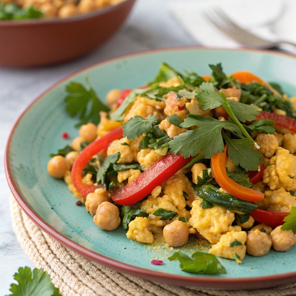 A vibrant plate of chickpea “egg” scramble mixed with sautéed vegetables like spinach and bell peppers, garnished with fresh herbs.
