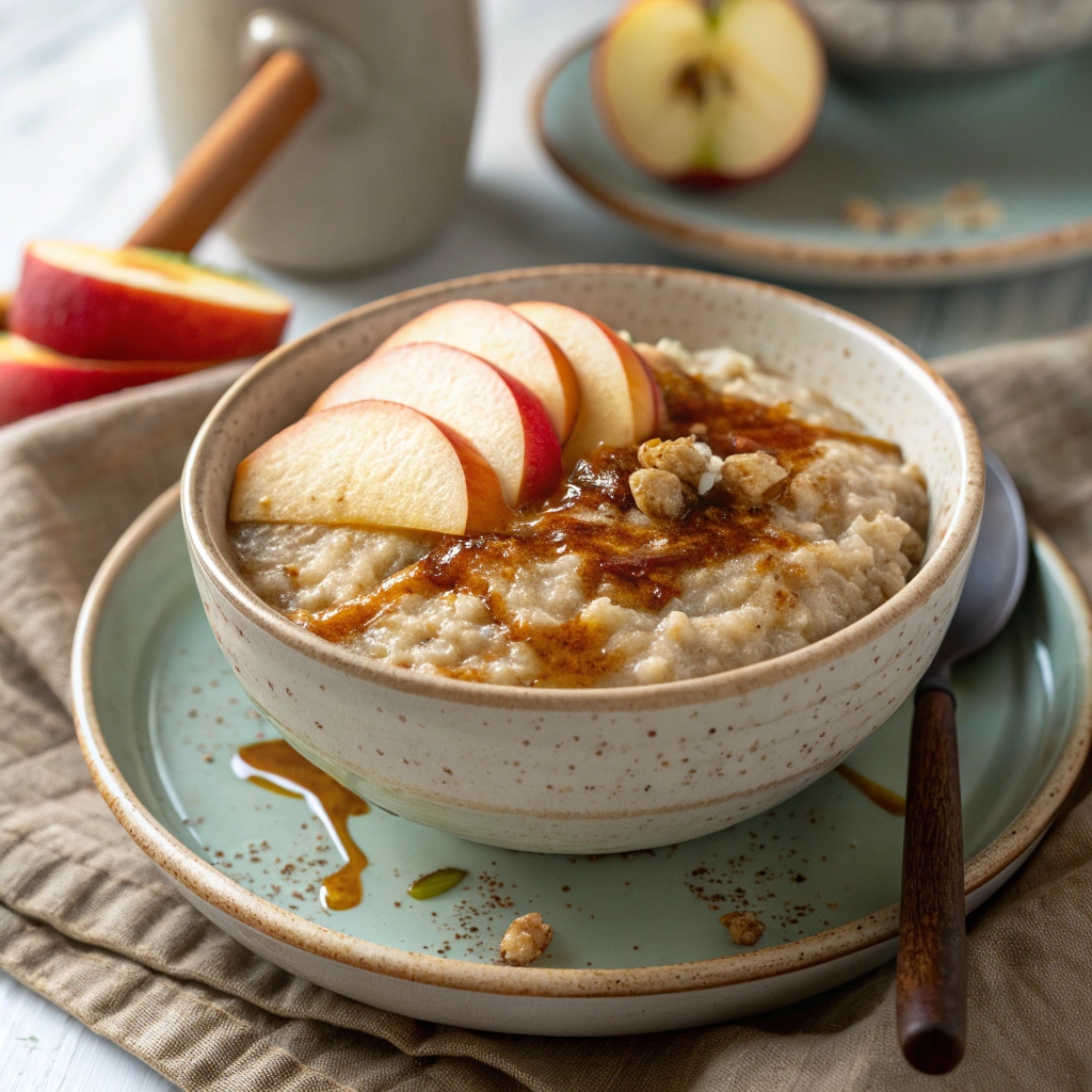 A warm bowl of apple cinnamon oats topped with sliced apples, a sprinkle of cinnamon, and a drizzle of maple syrup on a cozy plate.