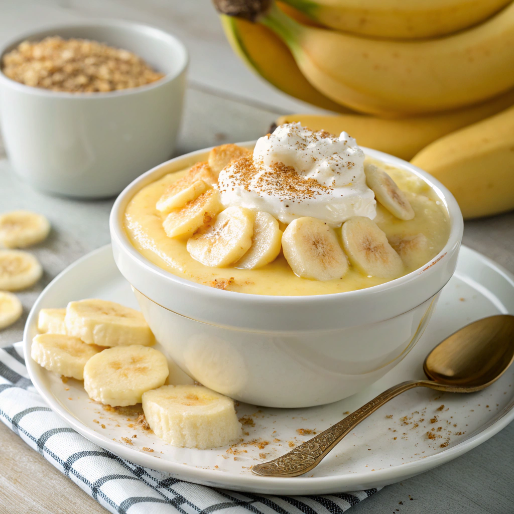 Creamy homemade banana pudding topped with whipped cream and sliced bananas