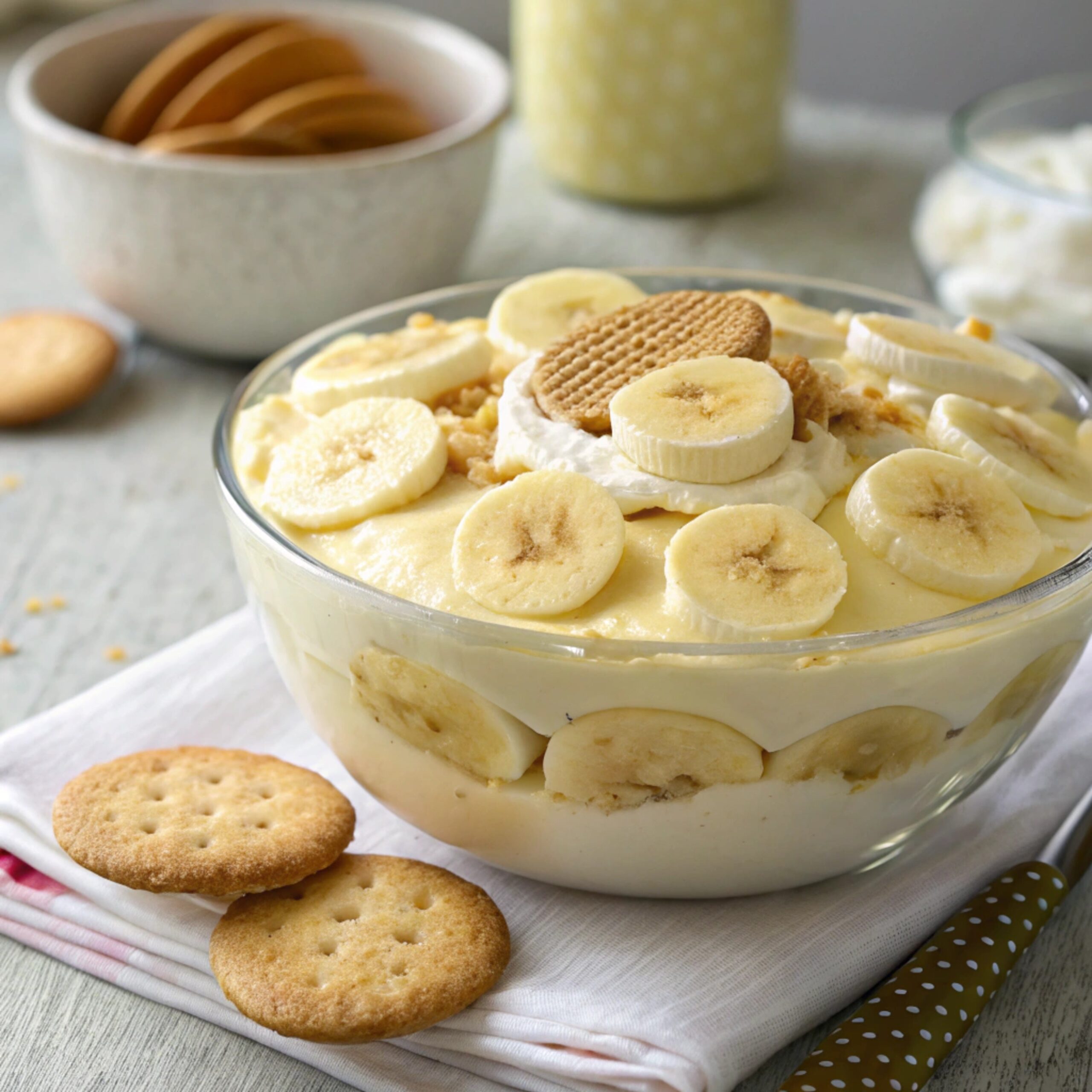 Beautifully assembled banana pudding garnished with whipped cream, sliced bananas, and a cherry on top