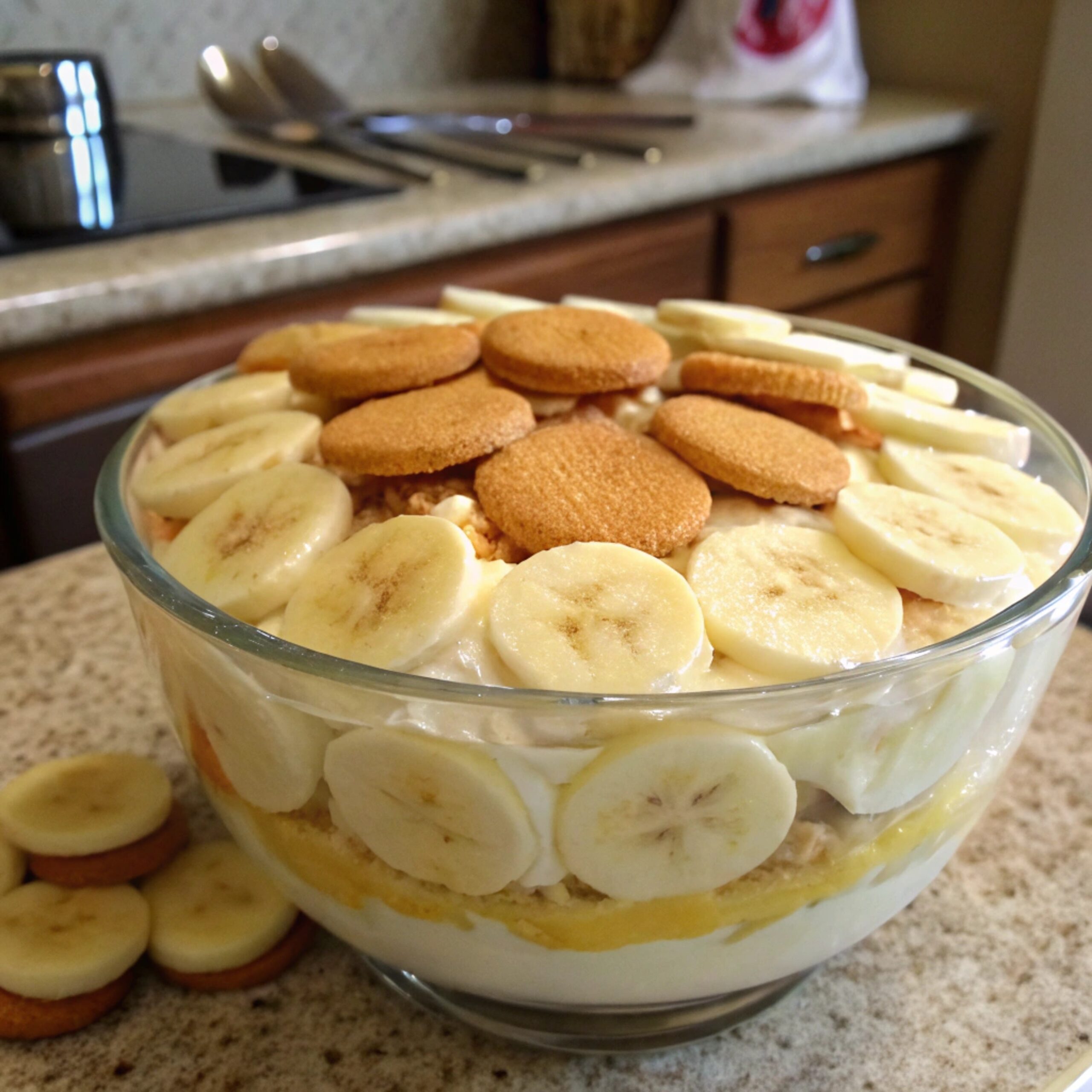 Close-up of a serving of banana pudding topped with whipped cream and fresh banana slices in a glass dish
