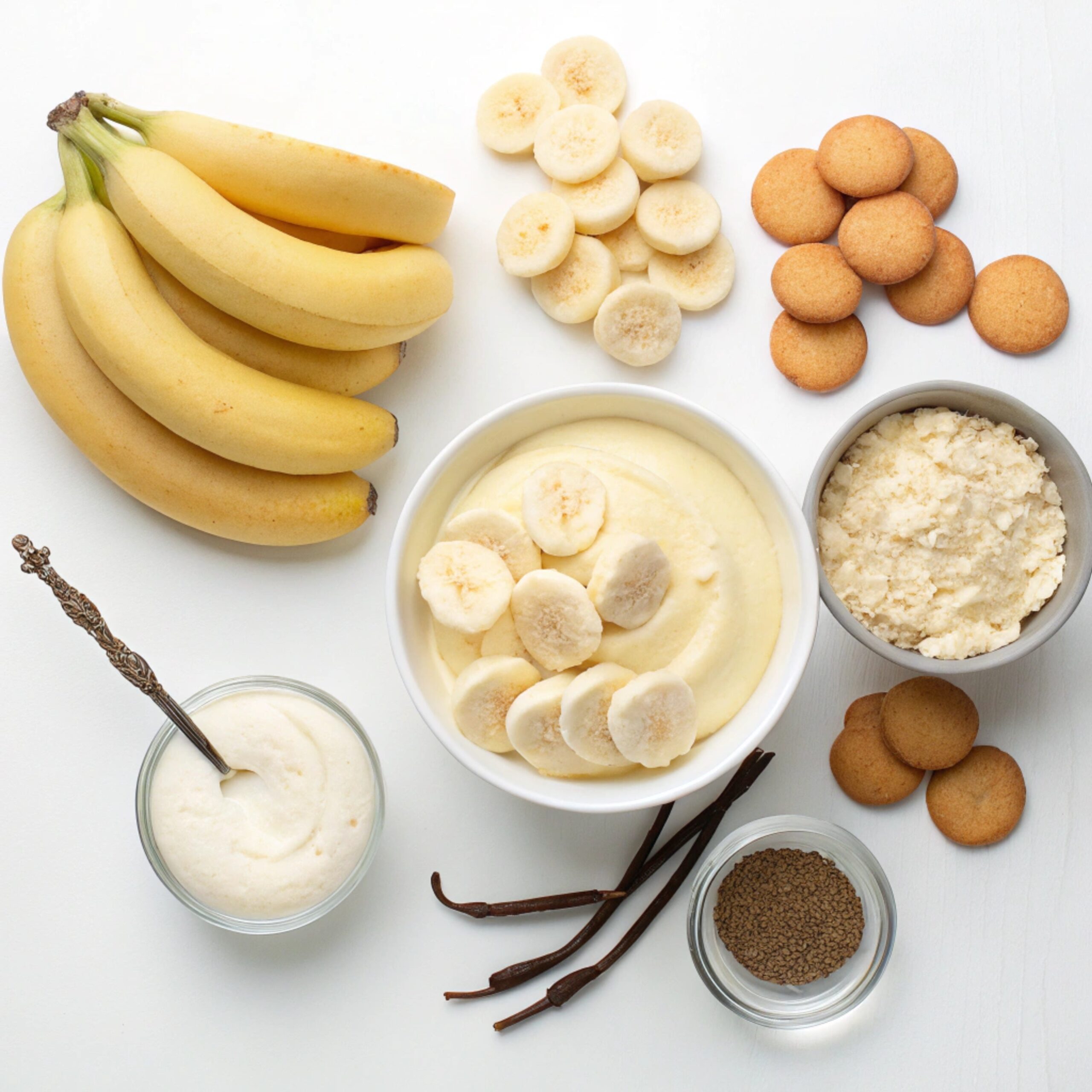 Assorted ingredients for banana pudding including bananas, vanilla wafers, milk, sugar, eggs, and whipped cream