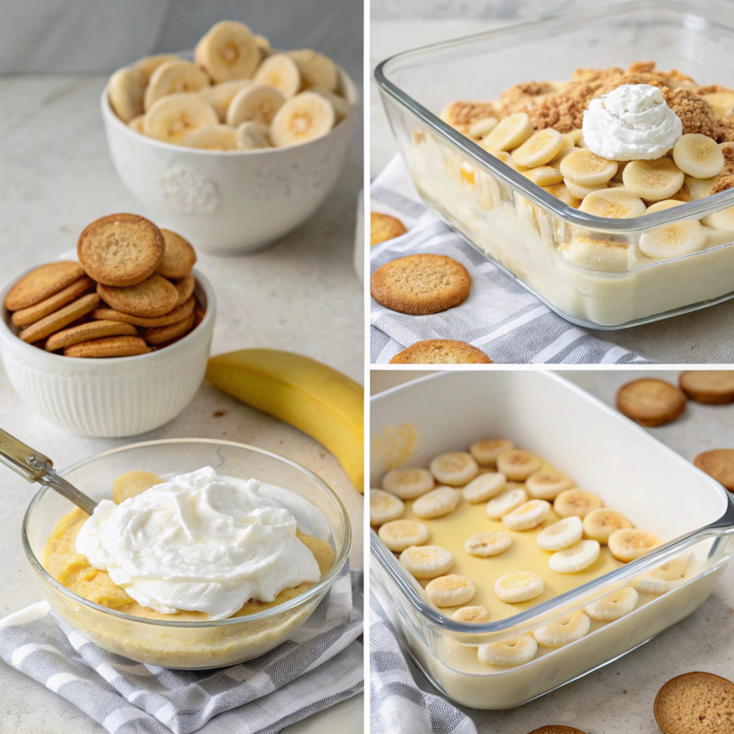 Step-by-step images showing how to layer banana pudding, including layering bananas, custard, and wafers