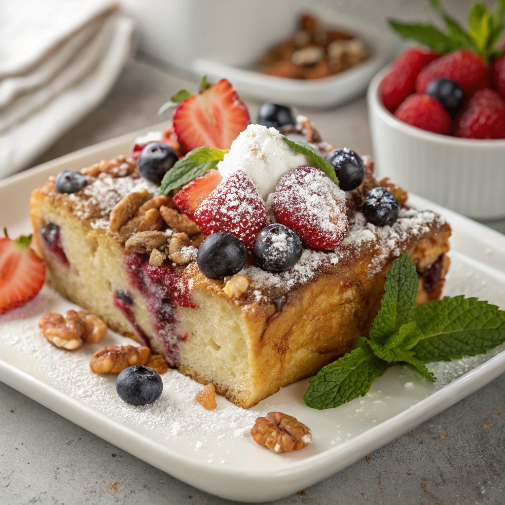 A baked French toast casserole filled with cream cheese and fresh berries, topped with powdered sugar, chopped nuts, and mint leaves on a white serving plate.