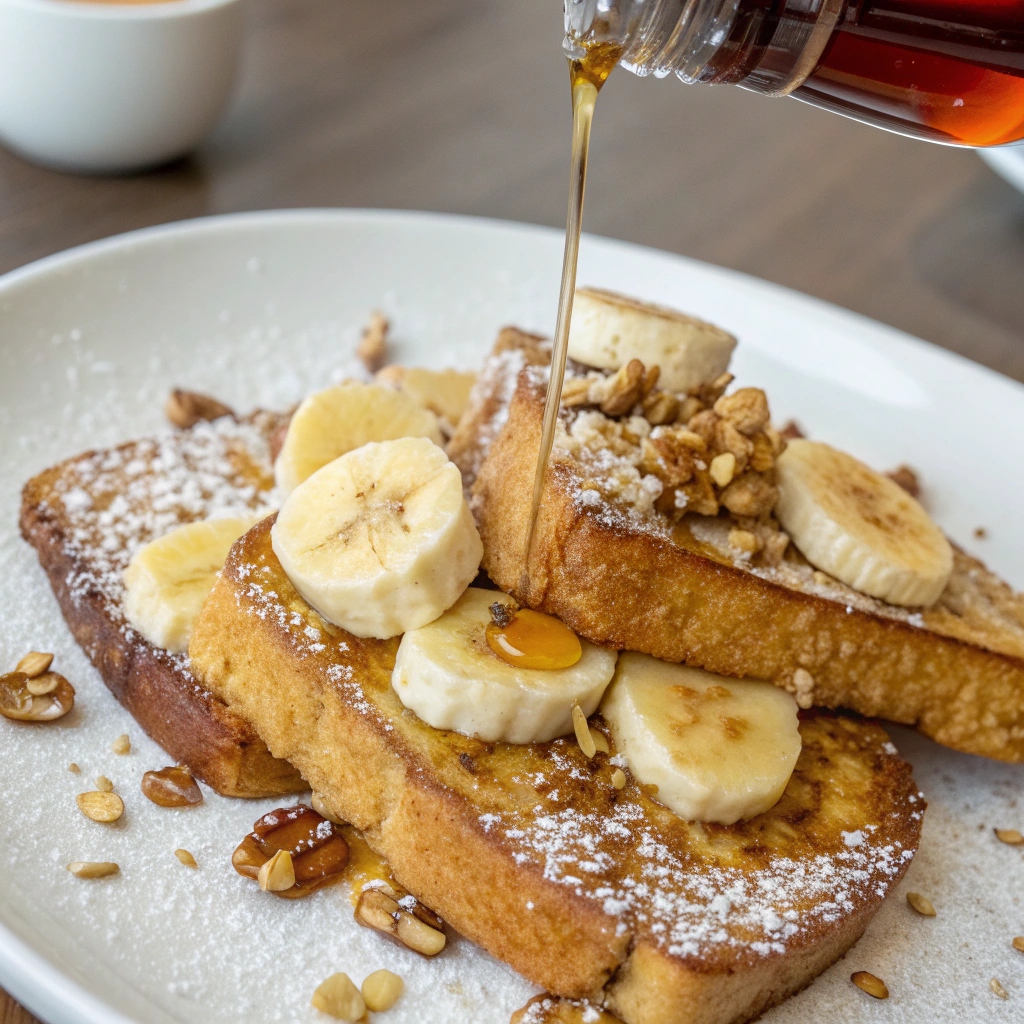 Crispy French toast topped with sliced bananas, chopped nuts, and a dusting of powdered sugar, served on a plate with a drizzle of maple syrup.