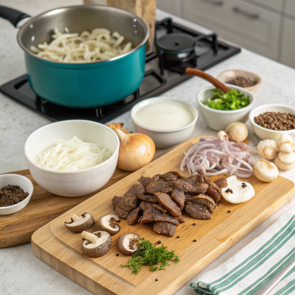 Step-by-step images showing beef cooking, sautéing mushrooms, adding sour cream, and serving Beef Stroganoff