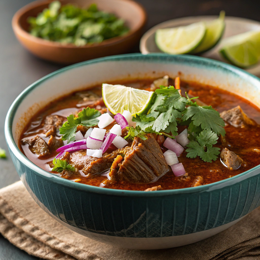 A steaming bowl of tender birria with shredded meat and rich broth, garnished with cilantro and lime wedges