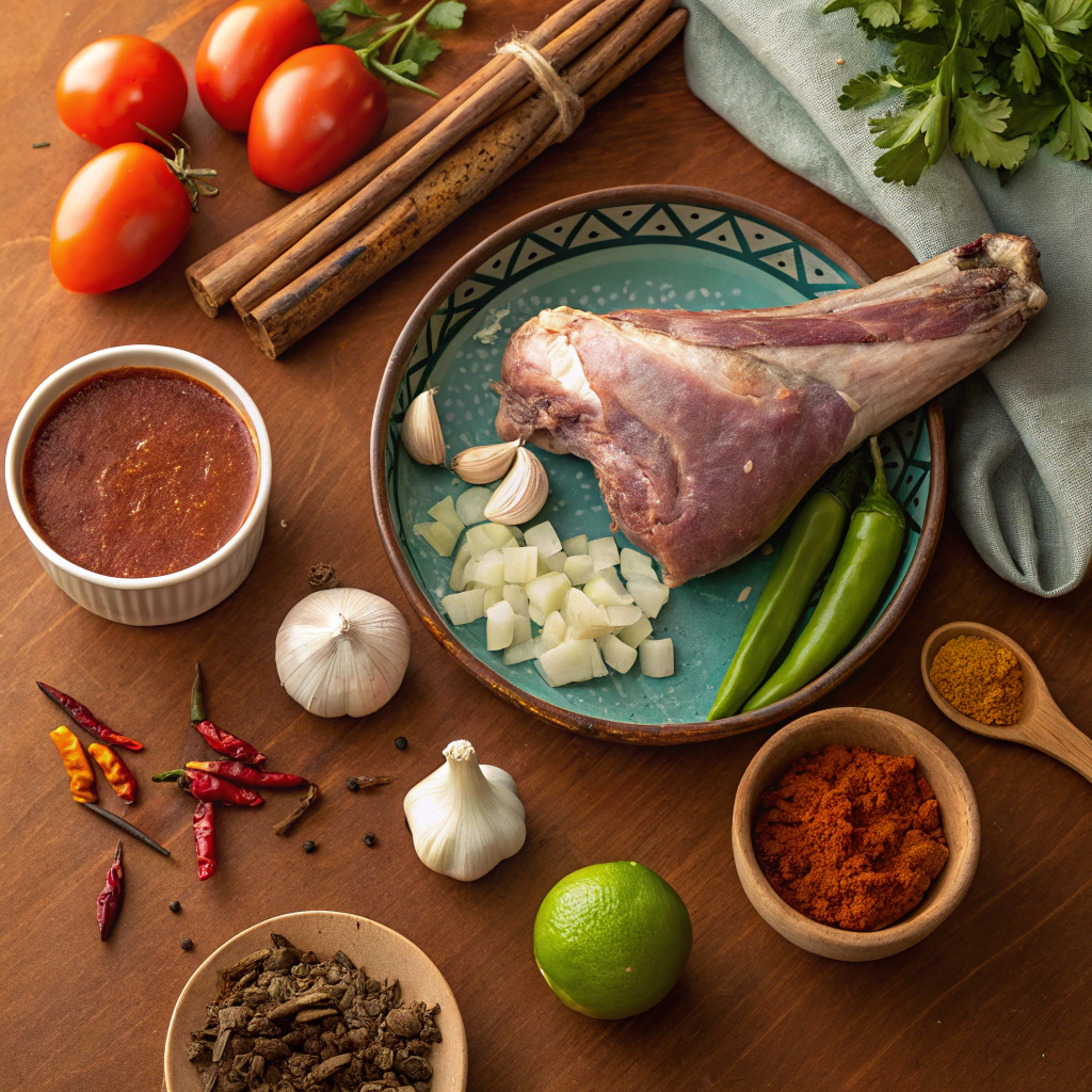 Assorted ingredients for making birria recipe, including beef, lamb, dried chiles, garlic, onions, and spices