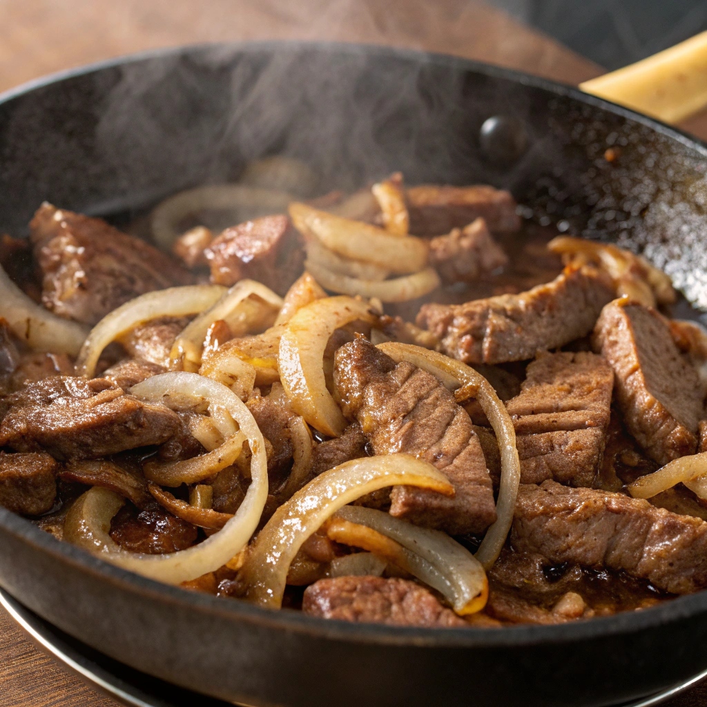 Close-up of beef strips being cooked with onions and mushrooms in a skillet, with sauce bubbling