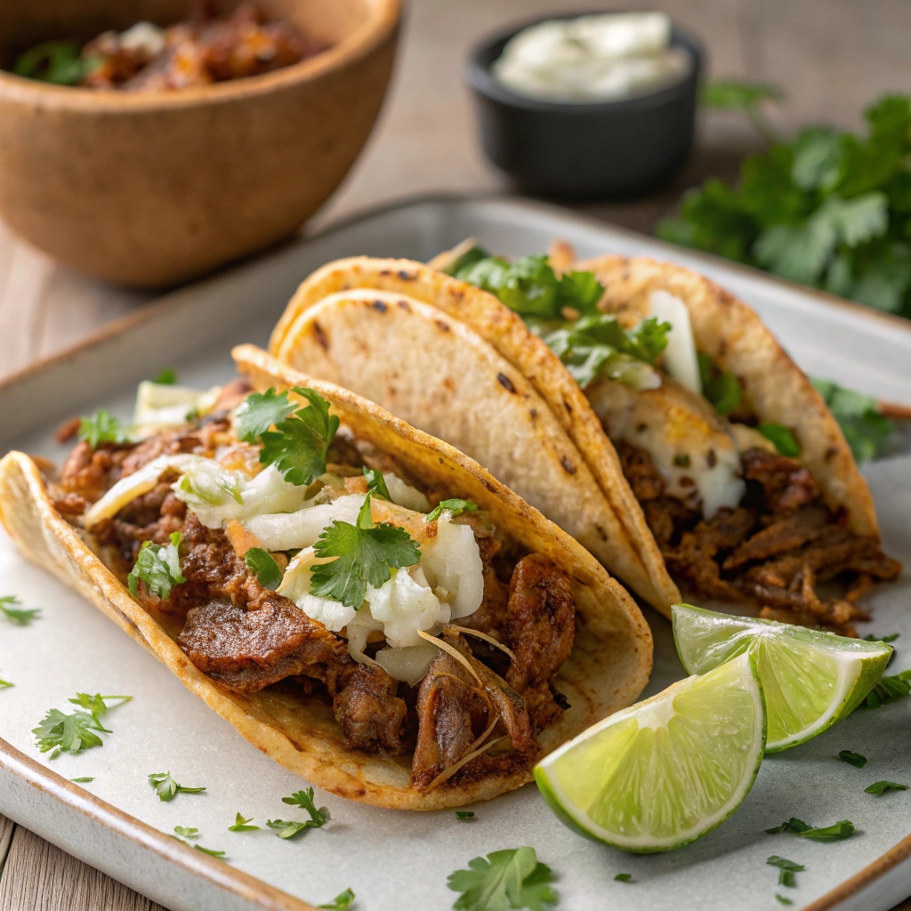 Crispy quesabirria tacos filled with shredded meat and melted cheese, garnished with cilantro and onions