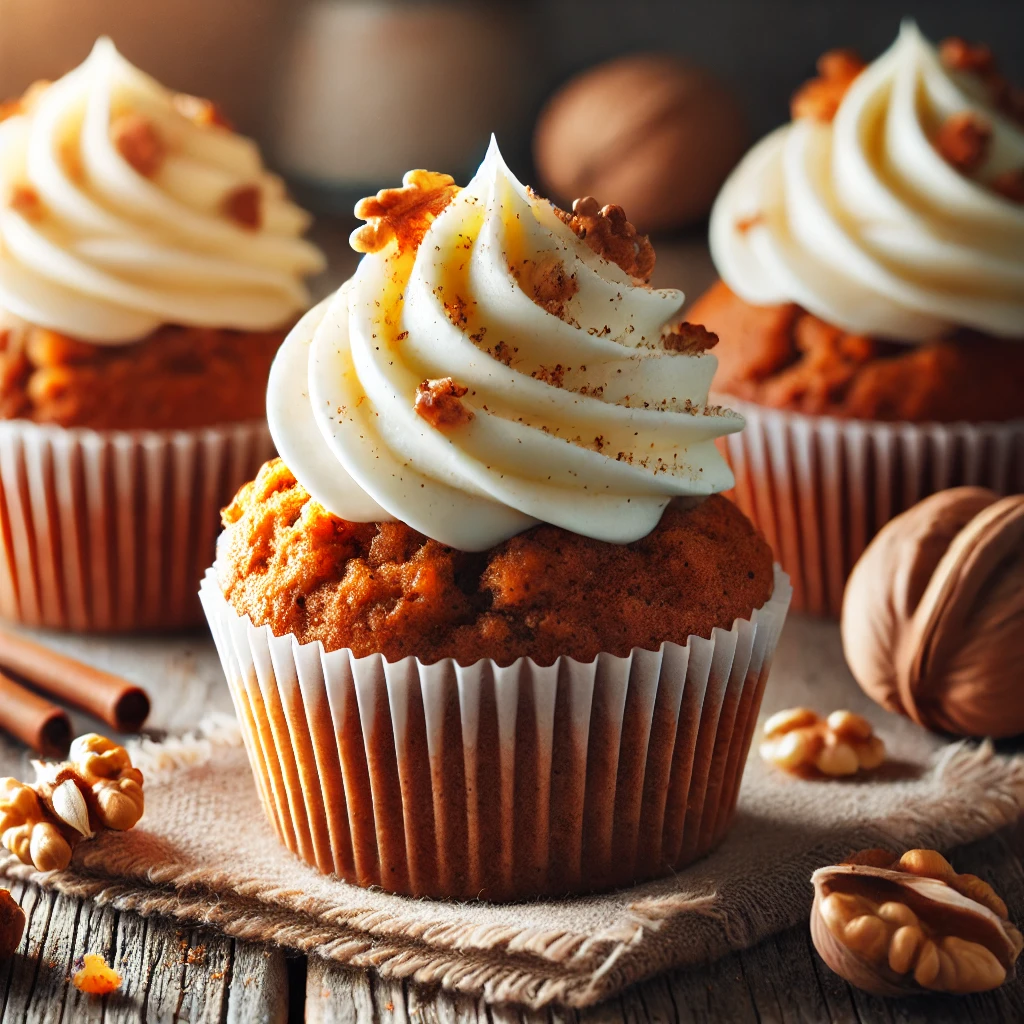 "Close-up of freshly baked carrot cake muffins, with a golden-brown crust and visible shreds of carrot in the batter. The muffins are topped with a light cream cheese frosting, with a sprinkle of finely chopped walnuts on top for decoration. The muffins are arranged neatly on a white plate, showcasing their moist texture and inviting appearance."






