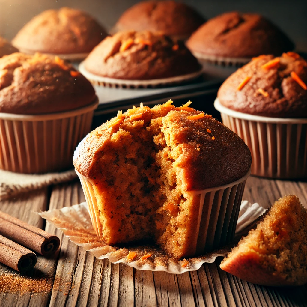 "Close-up of freshly baked carrot cake muffins, with a golden-brown crust and visible shreds of carrot in the batter. The muffins are topped with a light cream cheese frosting, with a sprinkle of finely chopped walnuts on top for decoration. The muffins are arranged neatly on a white plate, showcasing their moist texture and inviting appearance."






