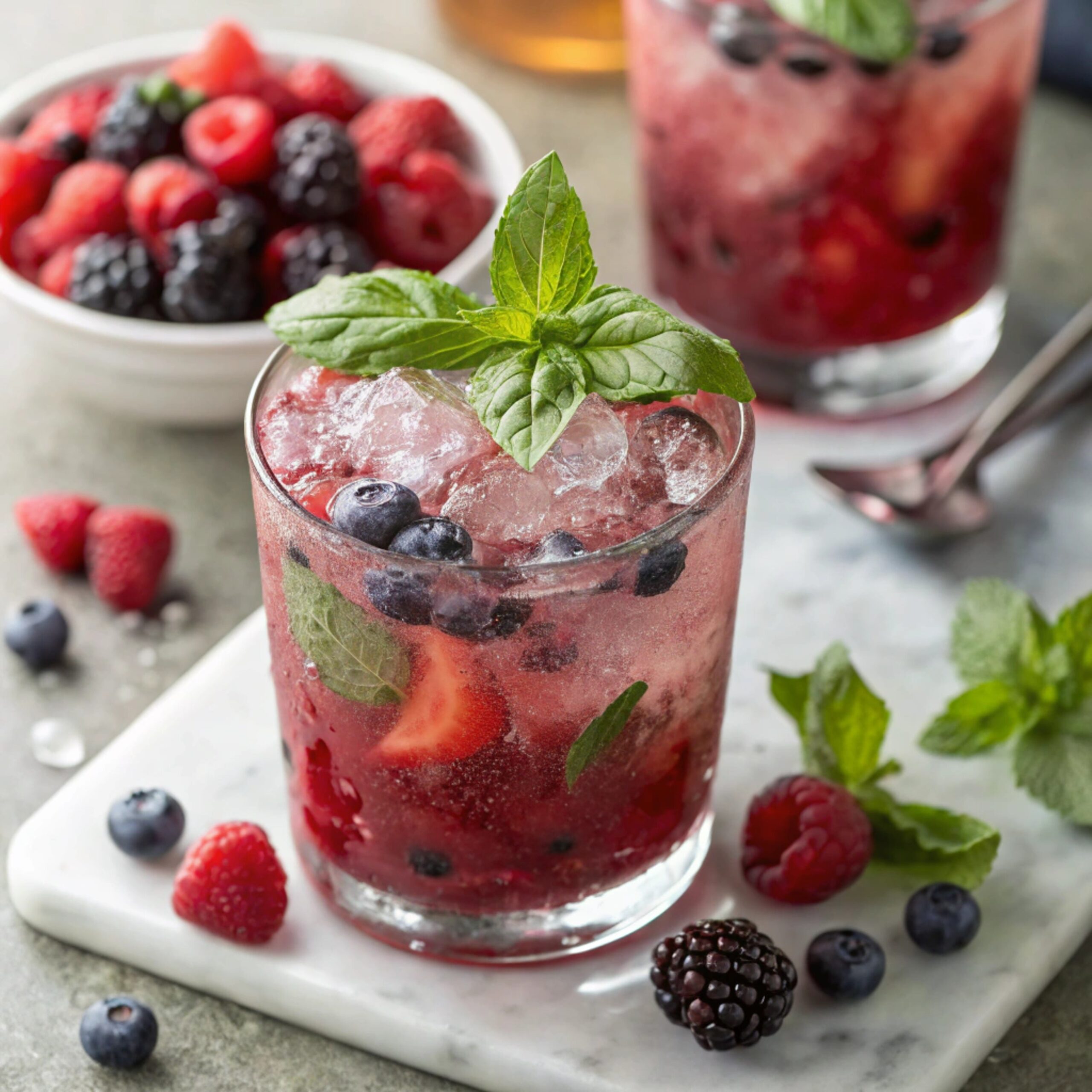 A glass of Berry Basil Smash filled with ice, mixed berries, and fresh basil leaves, served on a marble tray with a bowl of berries in the background.