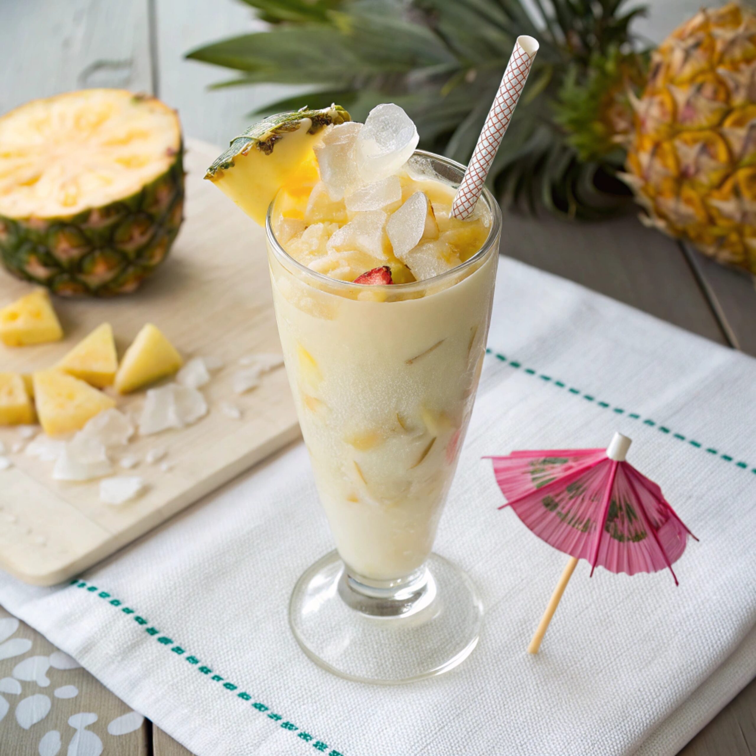 A chilled glass of Virgin Piña Colada garnished with a pineapple wedge and cherry, showcasing its creamy, tropical layers.