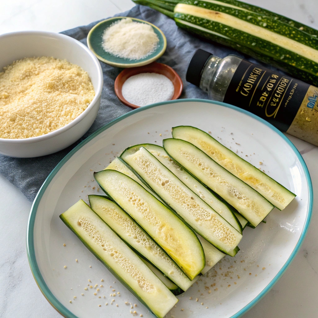 An arranged flat lay of the ingredients for fried zucchini, including fresh zucchini slices, bowls of seasoned flour, beaten eggs, breadcrumbs, and dipping sauces.